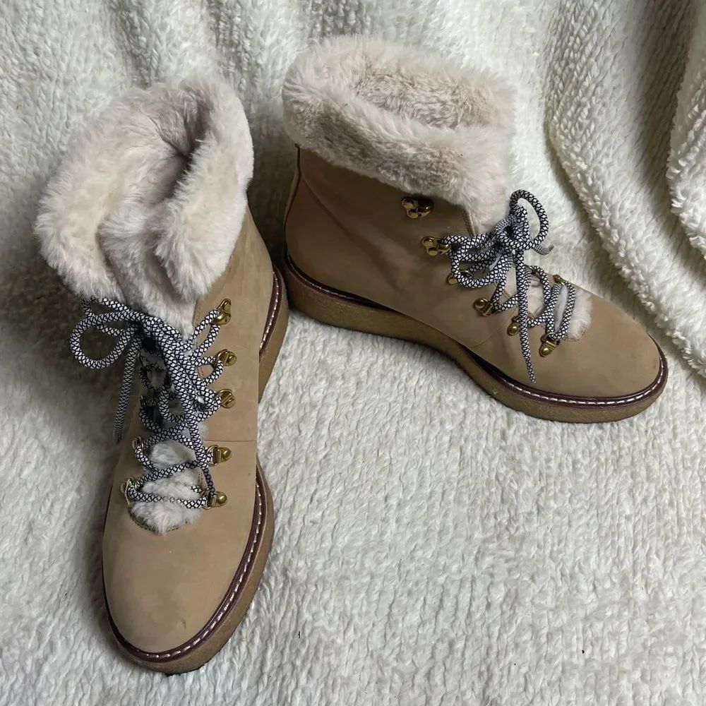 J Crew Wedged Synthetic Nubuck Khaki lace up boots Faux fur lining SZ10